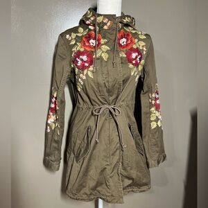 Johnny Was Army Green Utility Jacket with Floral Embroidery